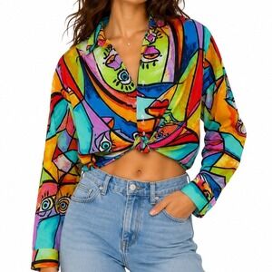 Live 4 Truth Abstract Face Print Cropped Twist Front Button Down Shirt Medium